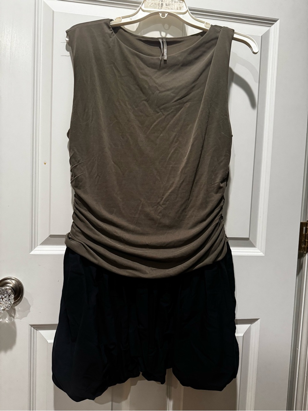 Anthropologie Olive Green Sleeveless Ruched Mini Dress